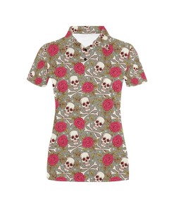 Skull Bone Rose Print Design Women's Polo Shirt