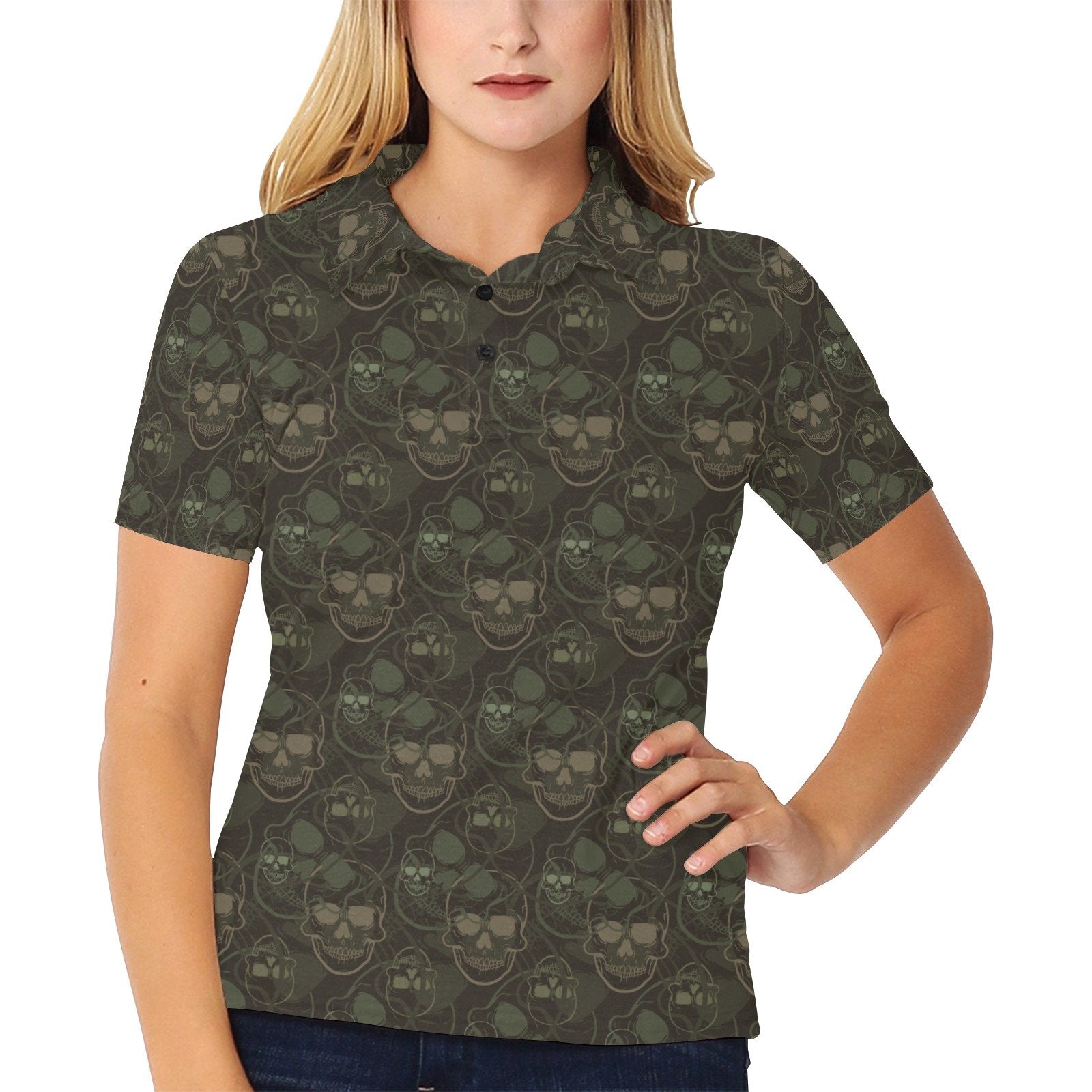 Skull Camo Style Print Design Women's Polo Shirt - Image 2