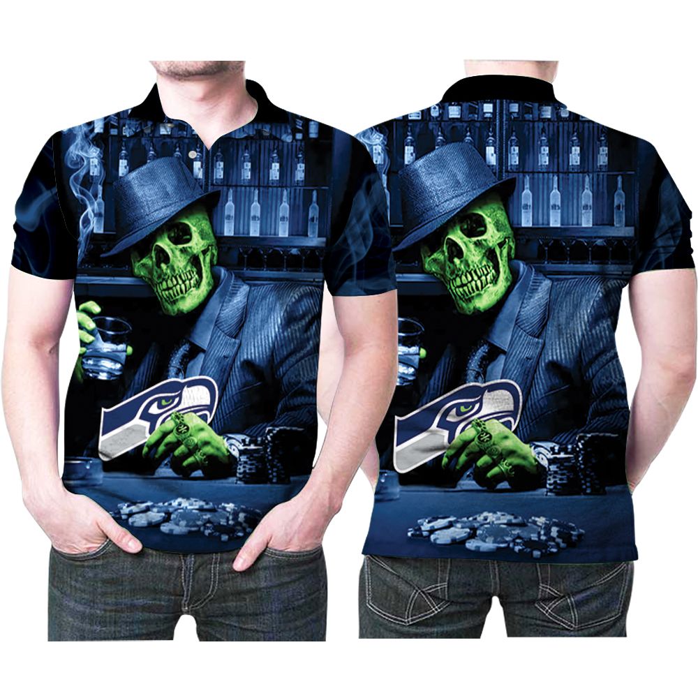 Skull Casino Pokers Seattle Seahawks Logo 3D Printed Gift For Seattle Seahawks Fan Polo Shirt