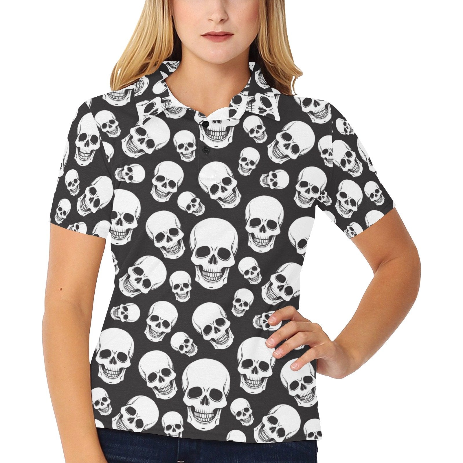 Skull Print Design Women's Polo Shirt 3D Polo Shirt - Image 2