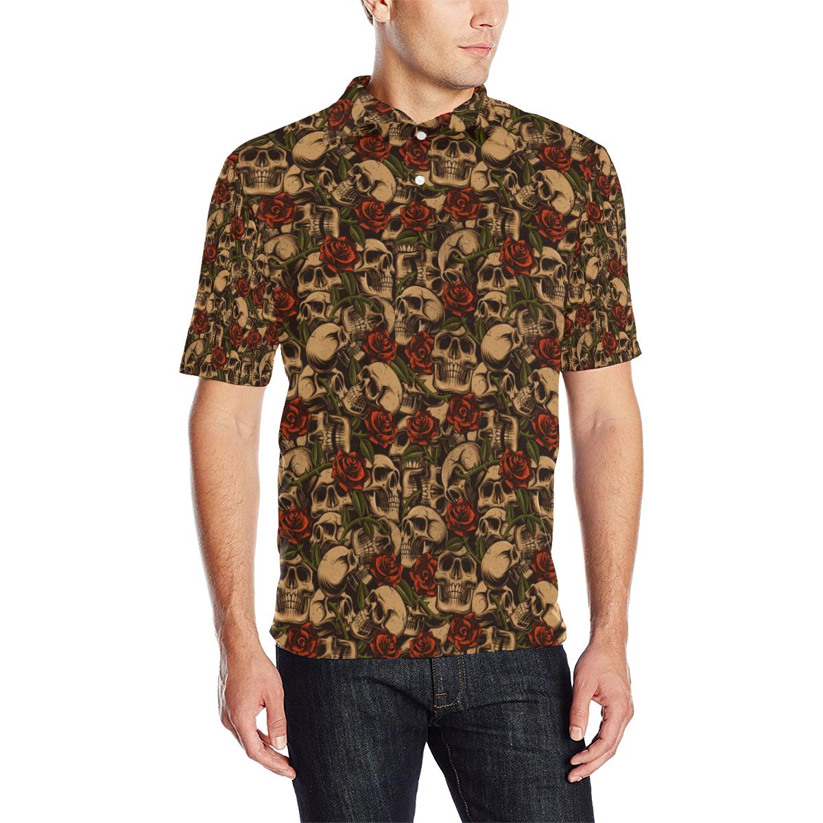Skull Roses Vintage Design Themed Print Men Polo Shirt
