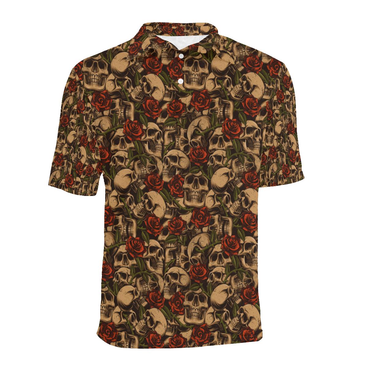Skull Roses Vintage Design Themed Print Men Polo Shirt - Image 2