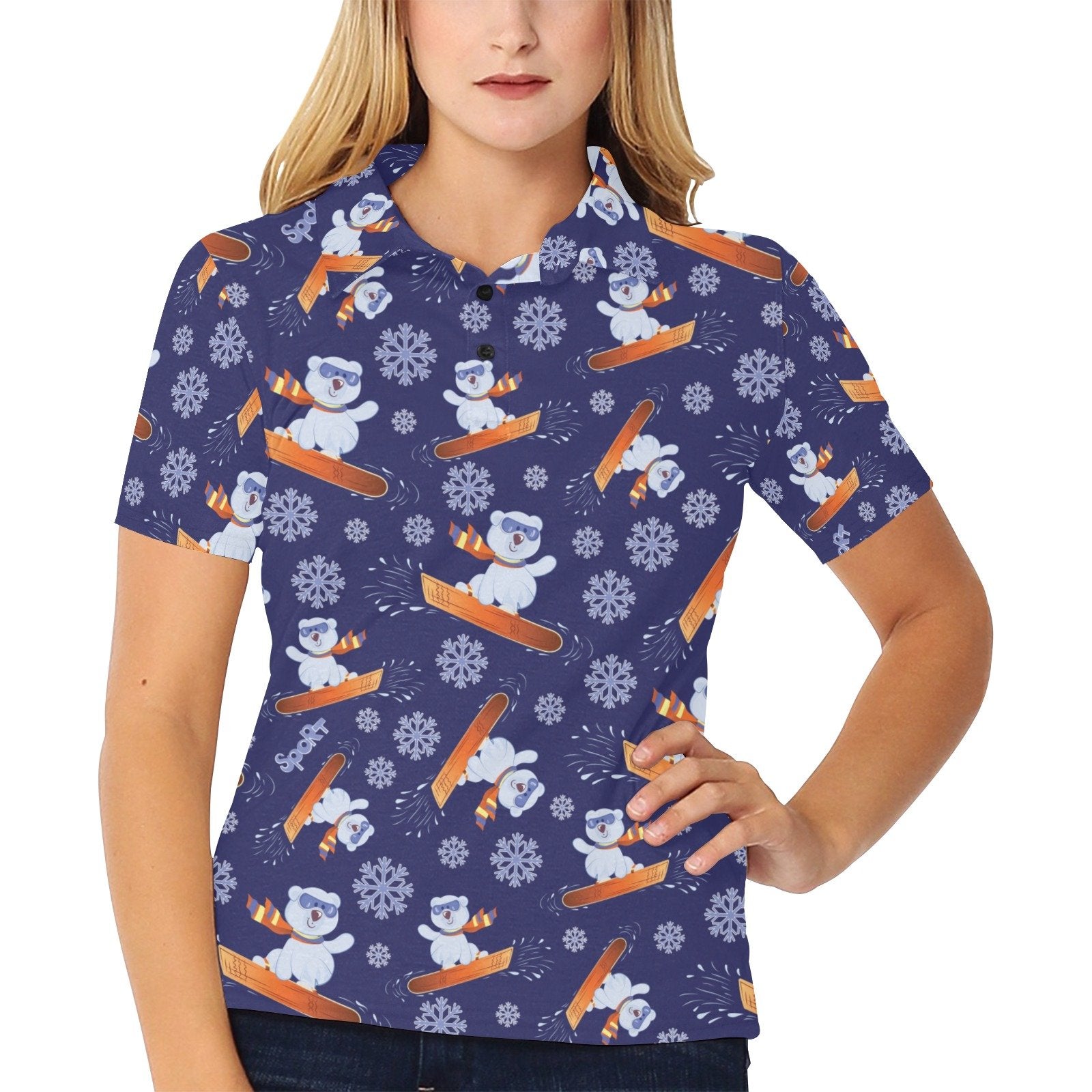 Snowboard Bear Print Design Women's Polo Shirt