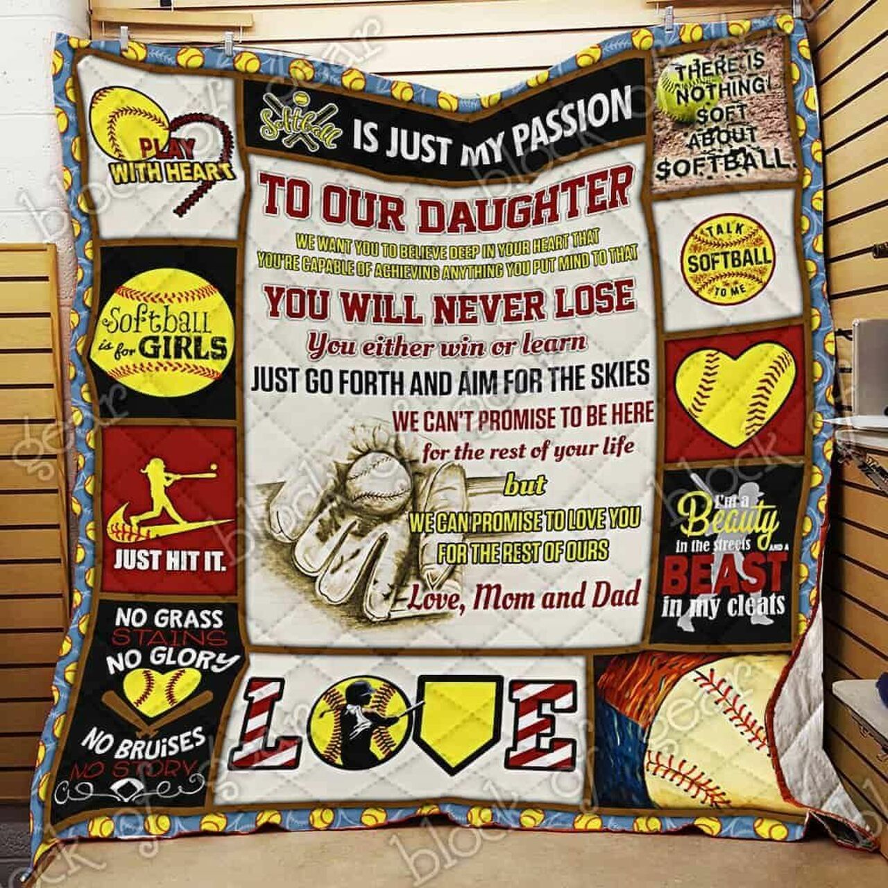 Softball Daughter, Love, Mom and Dad Personalized Quilt Bedding Set for Family Gifts