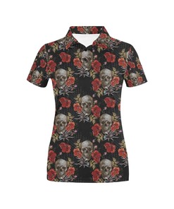 Spider Web Skull Rose Print Design Women's Polo Shirt