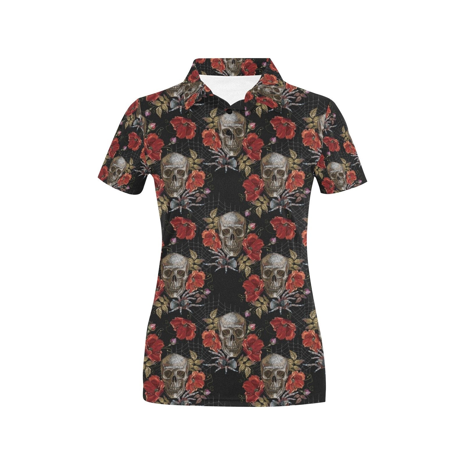 Spider Web Skull Rose Print Design Women's Polo Shirt