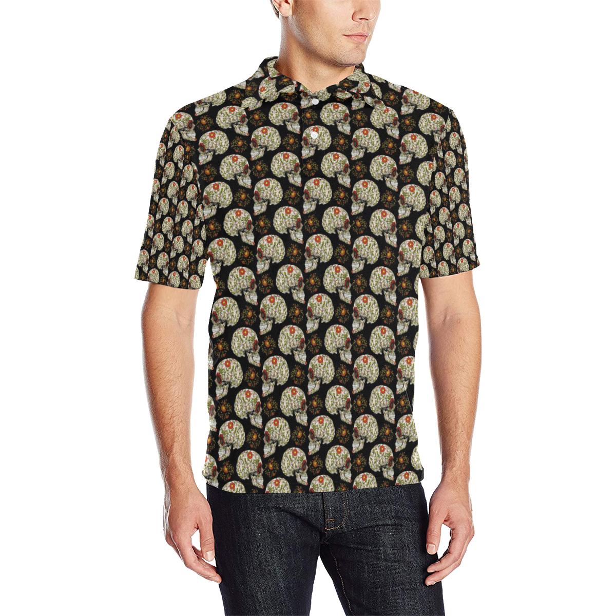 Sugar Skull Flower Design Themed Print Men Polo Shirt