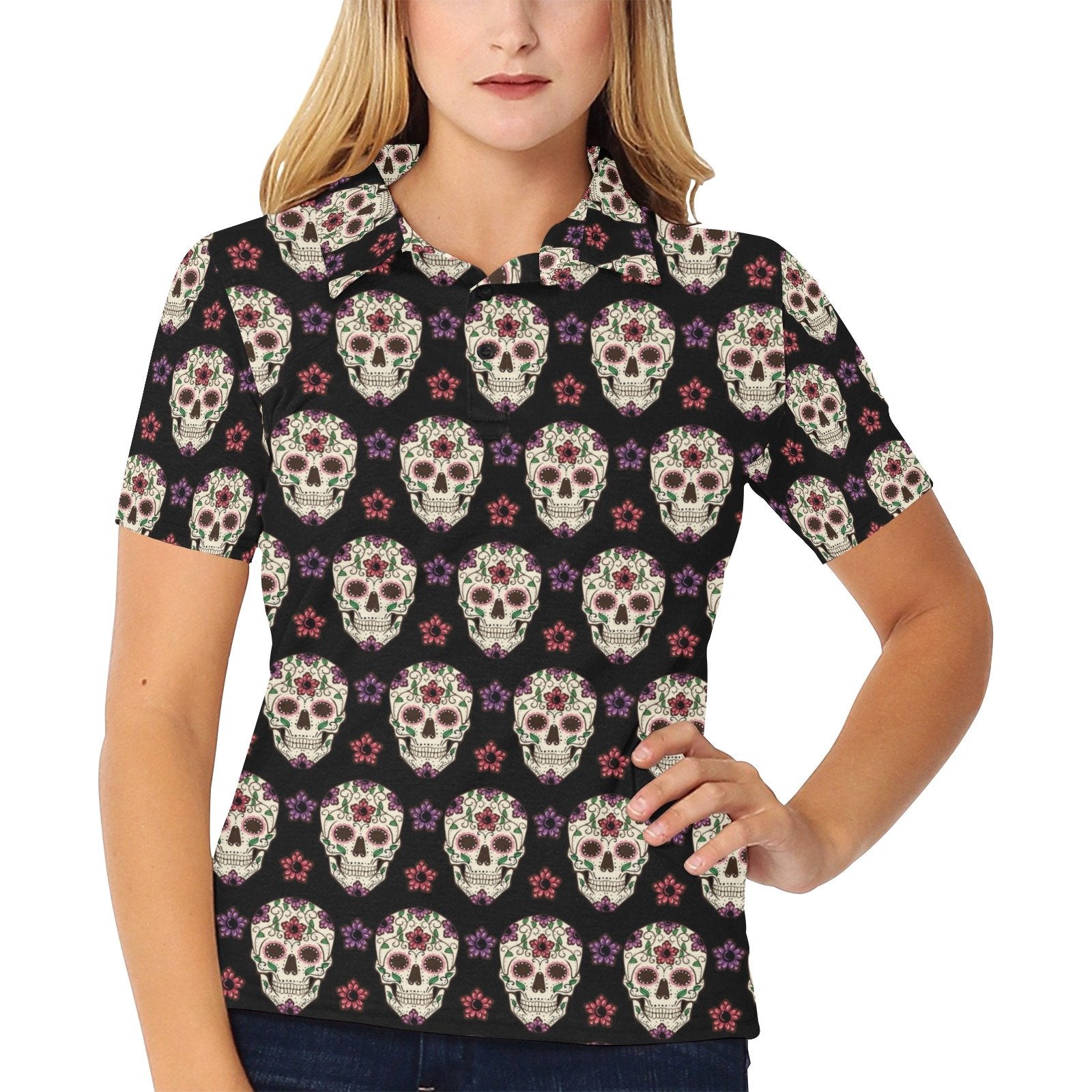 Sugar Skull Print Design Women's Polo Shirt 3D Polo Shirt A2 - Image 2