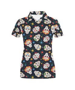 Sugar Skull Print Design Women's Polo Shirt 3D Polo Shirt A7