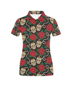Sugar Skull Red Rose Print Design Women's Polo Shirt