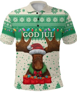 Sweden Christmas Polo Shirt Moose - Beige Green K8