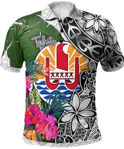Tahiti Polo Shirt White - Turtle Plumeria Banana Leaf
