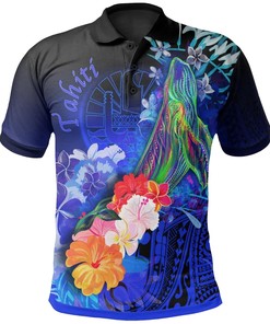 Tahiti Polo Shirts - Humpback Whale with Tropical Flowers (Blue)