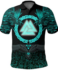 Three Raven and Valknut Cyan Viking Polo Shirt