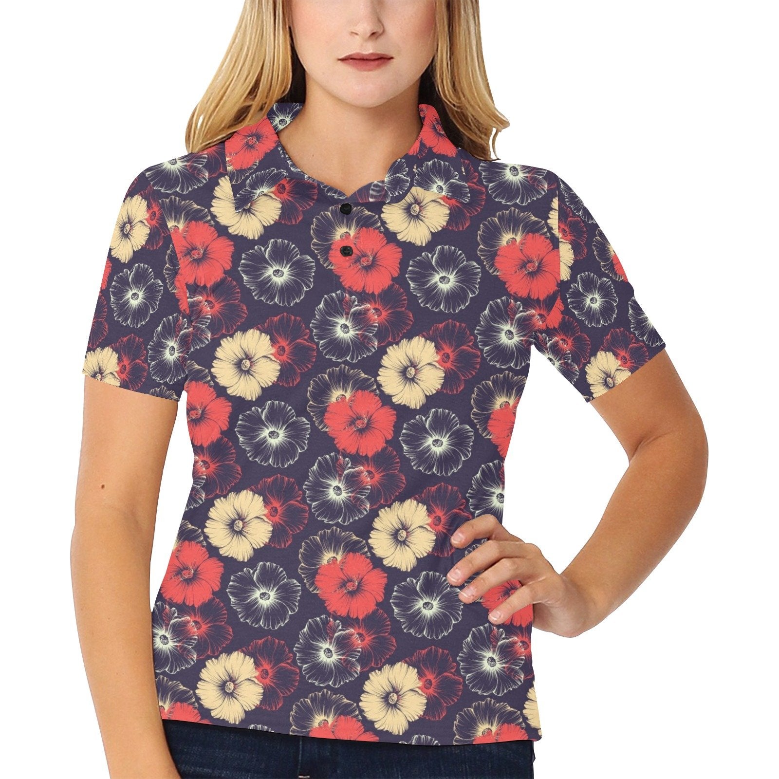 Tropical Flower Print Design Women's Polo Shirt 3D Polo Shirt A3 - Image 2
