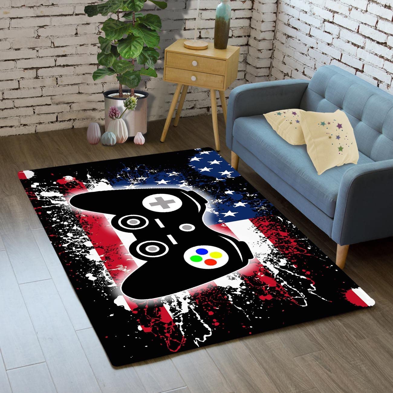 USA Flag Gaming Rug for Boys Bedroom, Gamer Controller Gamepad Carpets with Crystal Floor Polyester Mat