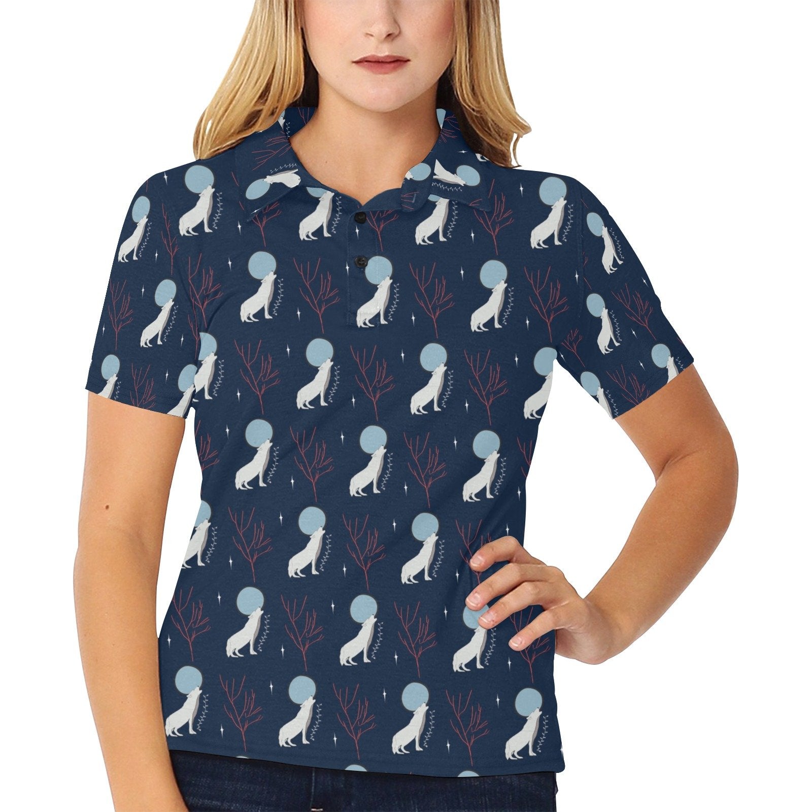 Wolf Moon Print Design Women's Polo Shirt - Image 2