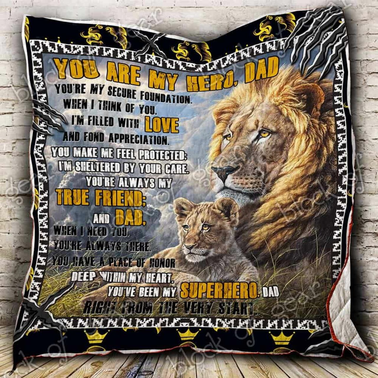 You Are My Hero, Dad Lion Quilt Bedding Set with Personalized Name, Great for Bedroom Decor and Family Gifts