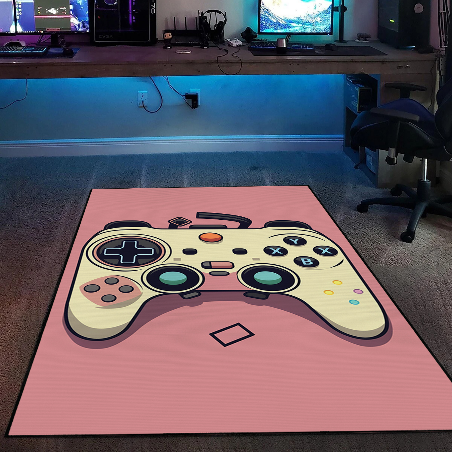 Customizable Game Room Carpet with Shufflezone Gaming Controller Design for Teen Boys