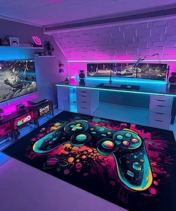Game Room Themed Area Rugs - Personalized Gaming Rug for Boys Room - Controller Design Carpet in Full Sizes M24