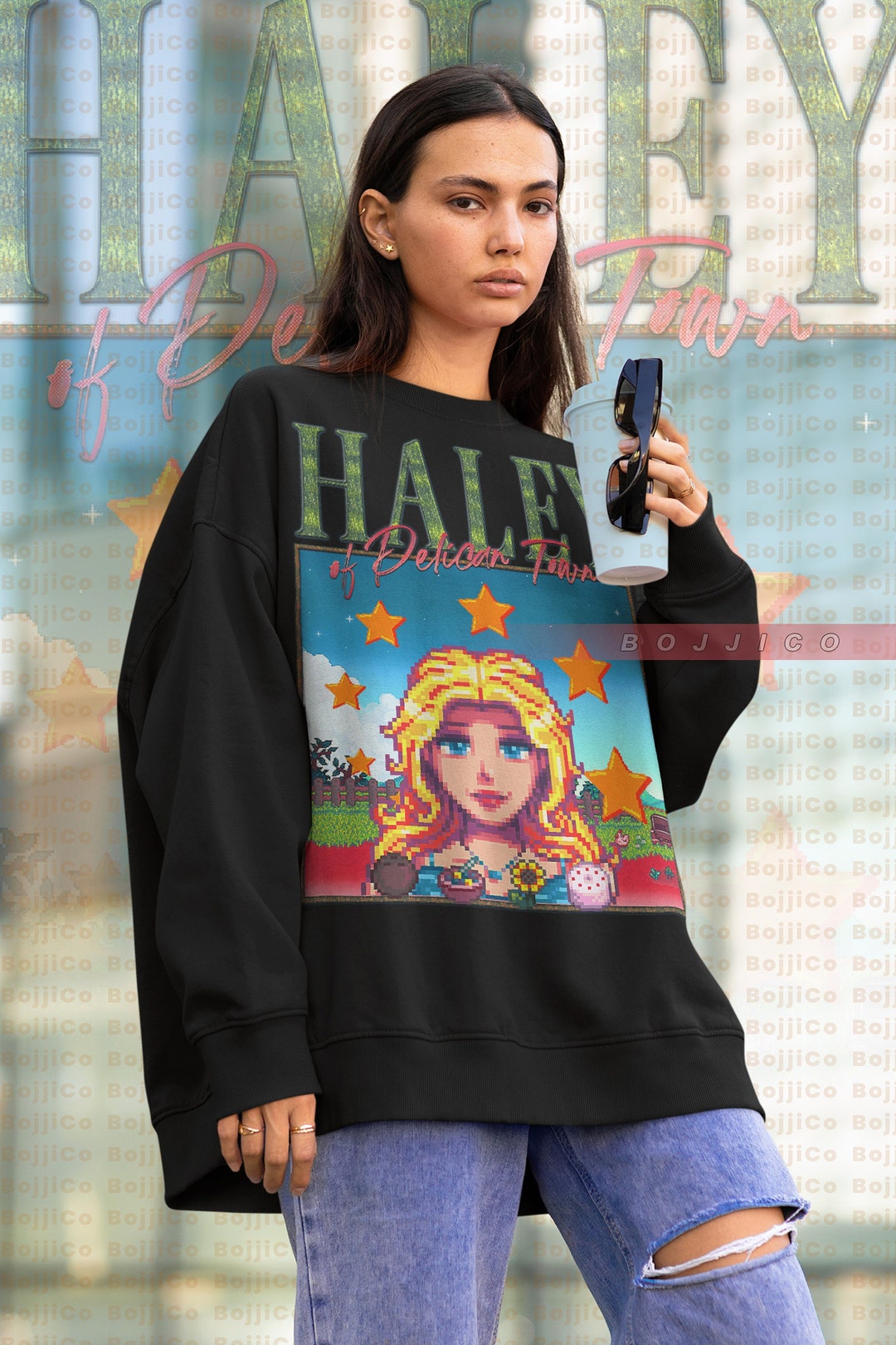 Haley Stardw Valley Sweatshirt, Retro Sweater with Food Spirit and Farming Harvest Moon RPG Video Game Tee