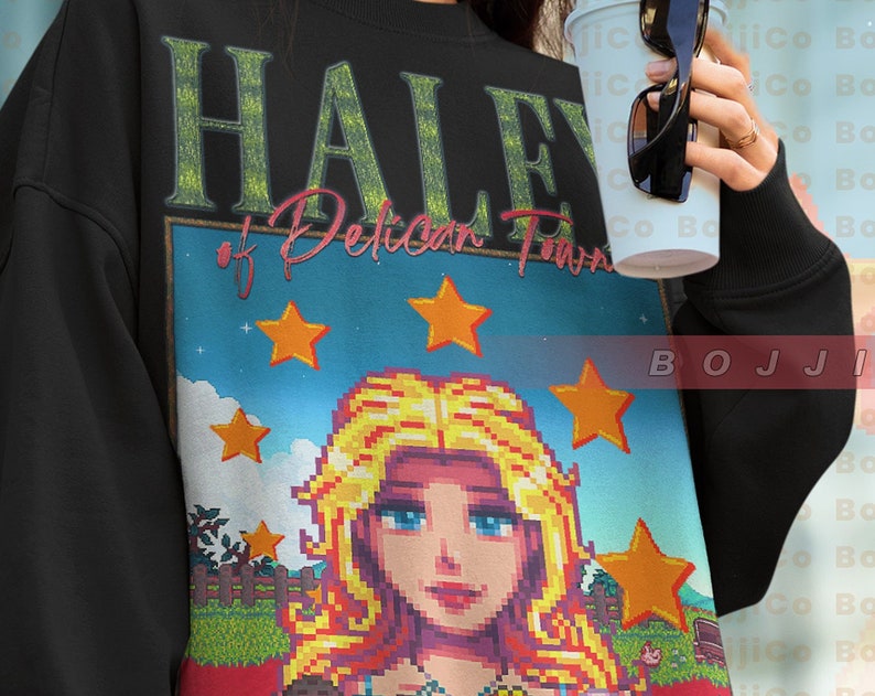 Haley Stardw Valley Sweatshirt, Retro Sweater with Food Spirit and Farming Harvest Moon RPG Video Game Tee - Image 2