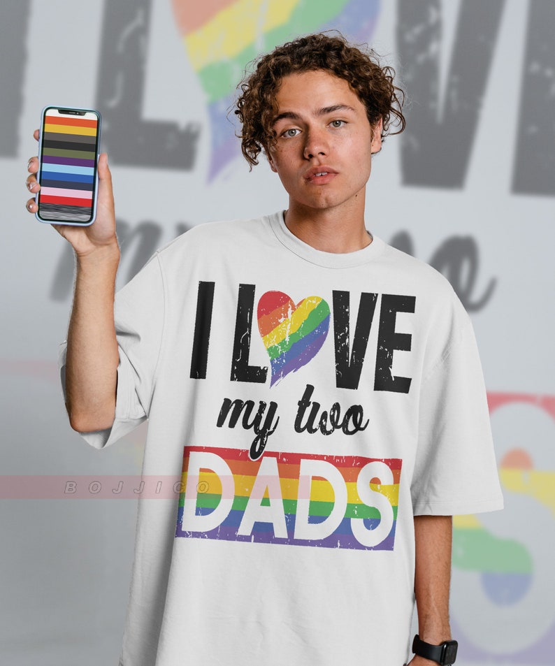 I Love My Two Dads LGBT Pride Unisex Tee, Funny Gay Rainbow Shirt for Fans