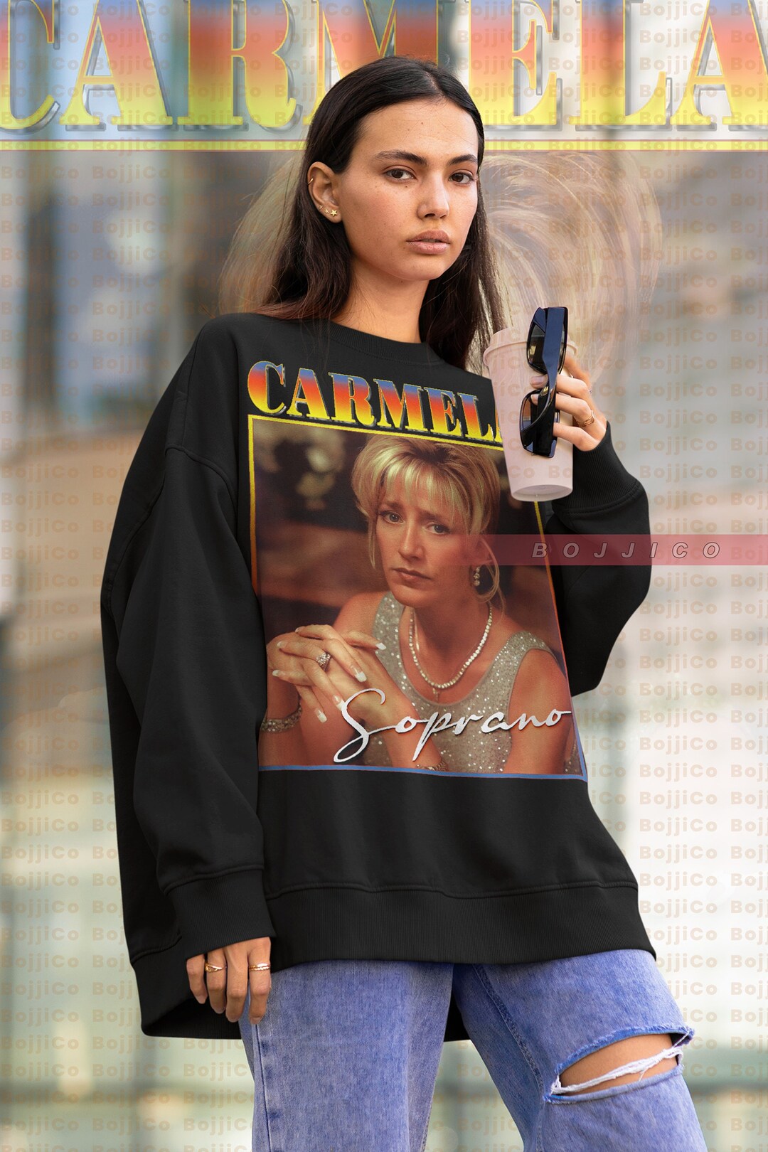Retro 90s Carmela Soprano Sweatshirt - Mafia Boss Wife Homage Unisex Sweater for TV Series Lovers