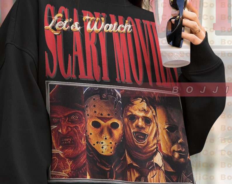 Scary Villains Movie Sweatshirt, Retro Hoodie with Freddy, Jason, Leather and Myers and Horror Movie quote - Image 2