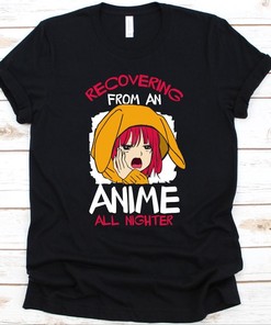 Anime All Nighter Recovery Shirt, Cute Design for Fans, Cosplayer Costume T-Shirt with Otaku Quote, Japanese Cartoon T-Shirt for Fans