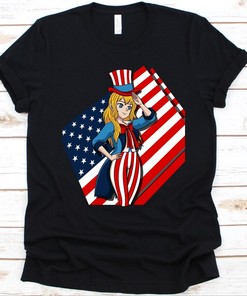 Anime Girl Saluting USA T-Shirt- Cute Anime Lover Shirt for Independence Day Celebrators, Manga and Japanimation Design Included
