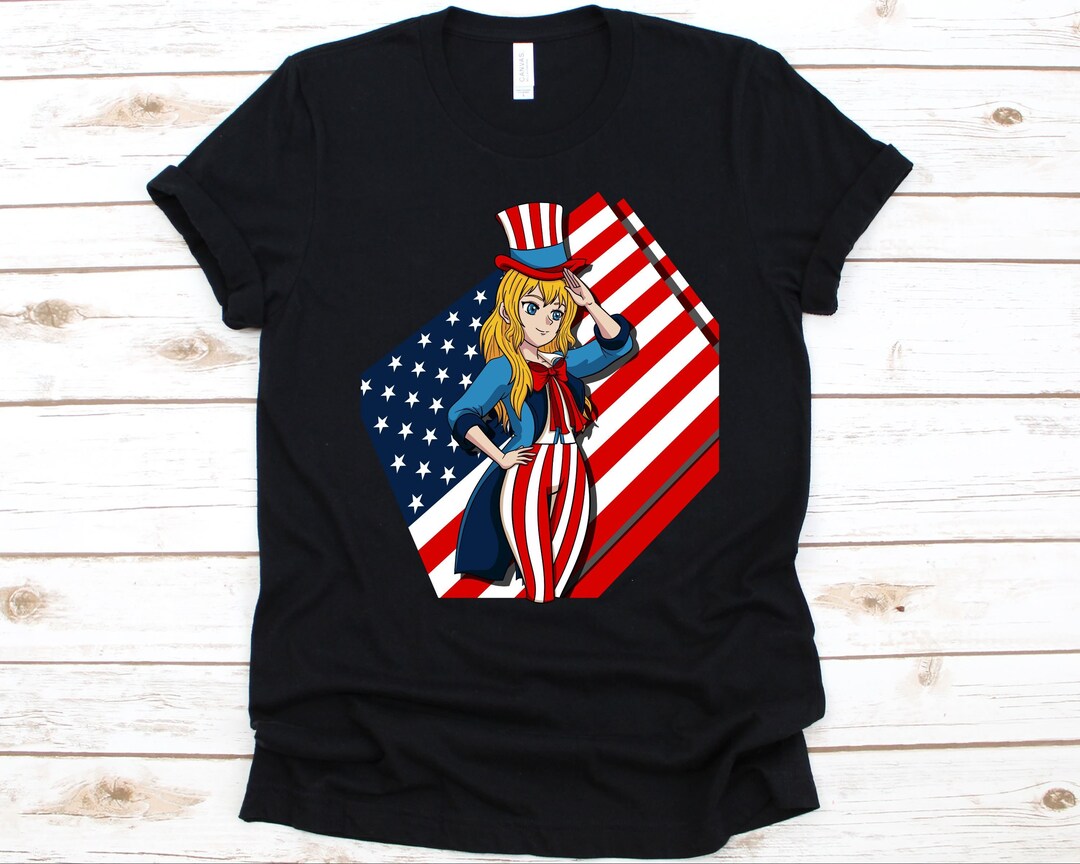 Anime Girl Saluting USA T-Shirt- Cute Anime Lover Shirt for Independence Day Celebrators, Manga and Japanimation Design Included