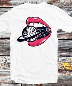 Bite Lips Saturn Universe T-Shirt - Unique Astronomy and Art Lover's Gift