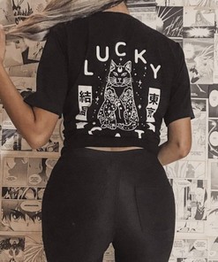 Black Lucky Cat Shirt - Vintage ANime Tee for Japanese Neko Lovers