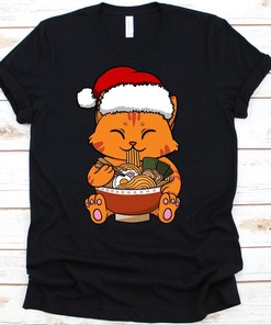 Cat Eating Ramen T-Shirt - Adorable Gift for Cat and Anime Lovers, Kawaii Cartoon Graphics and Christmas Theme Included