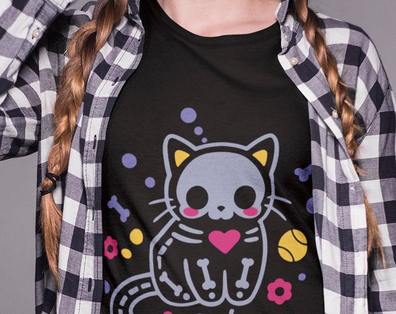 Cryptid Kawaii Gothic Shirt - Harajuku Skeleton Cat Pastel Goth Tee with Creepy Cute Gift - Image 2