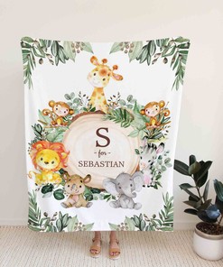 Custom Name Safari Woodland Baby Quilt - Lion, Elephant, Giraffe, Monkey or Home Decoration