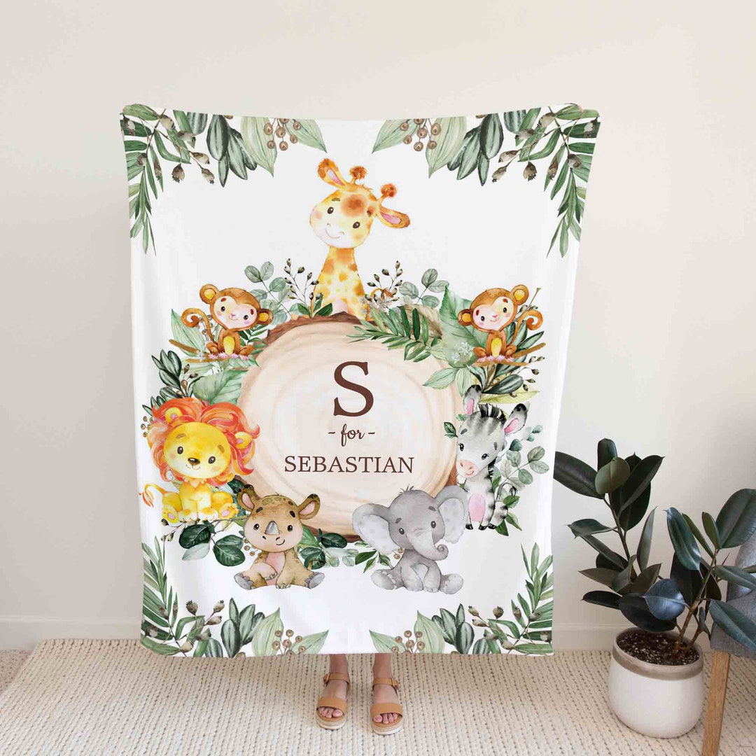 Custom Name Safari Woodland Baby Quilt - Lion, Elephant, Giraffe, Monkey or Home Decoration