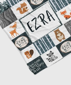 Custom Name Woodland Animal Nursery Quilt Blanket - Newborn, Deer, Fox, Bear, Owl, Rabbit or Perfect for Bedroom Decor