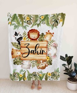 Custom Name Woodland Safari Baby Quilt - Lion, Elephant, Giraffe, Monkey or Great Gifts for Family