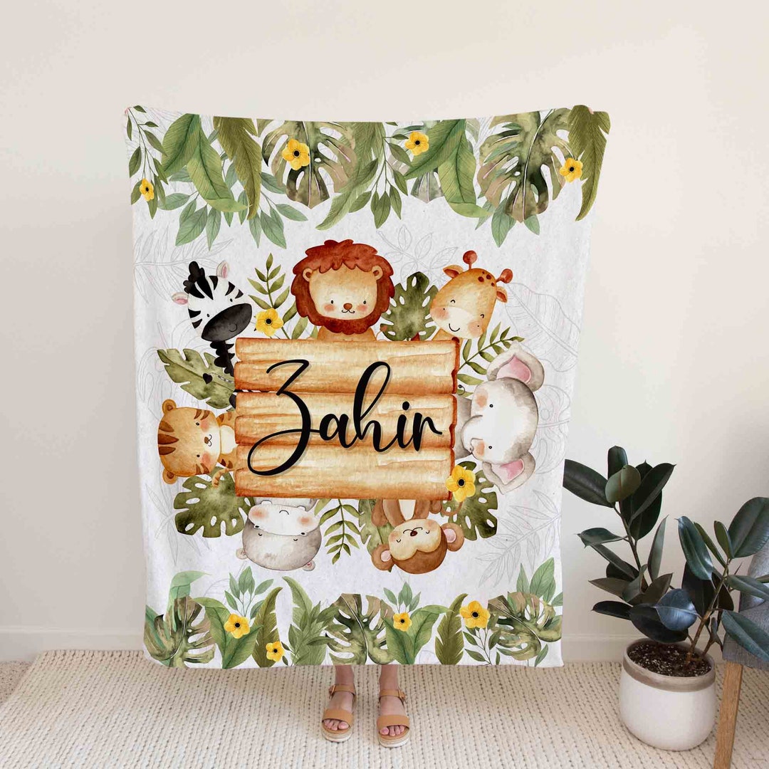 Custom Name Woodland Safari Baby Quilt - Lion, Elephant, Giraffe, Monkey or Great Gifts for Family