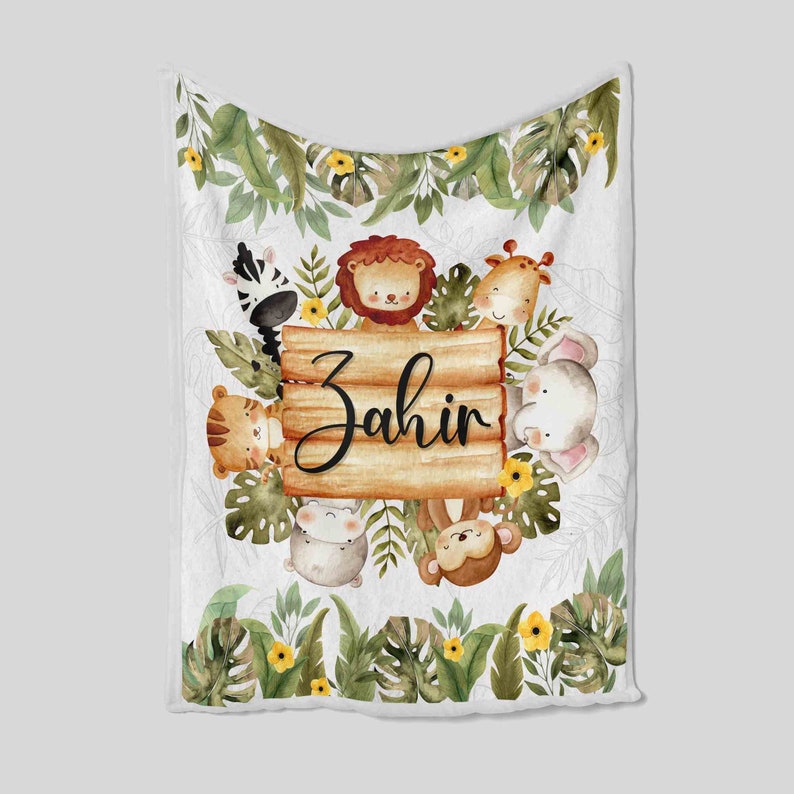 Custom Name Woodland Safari Baby Quilt - Lion, Elephant, Giraffe, Monkey or Great Gifts for Family - Image 2