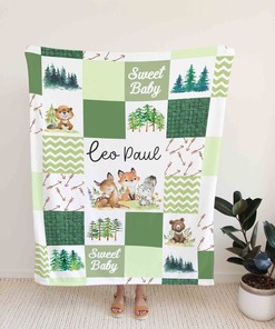 Custom Woodland Baby Blanket - Personalized Name Nursery Quilt Set