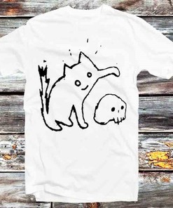 Cute Cat Skull Happy One Line Drawing Unisex Anime T-Shirt - Art Lover and Cat Fan Gift