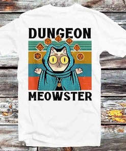 Funny RPG Parody Tee for Gamers - Vintage Retro Dungeon Meowster Cat D20 Dice Tee