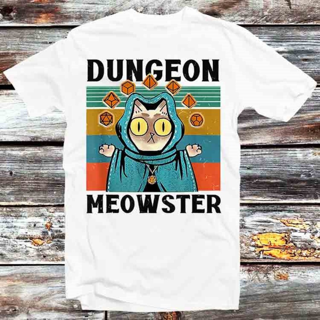 Funny RPG Parody Tee for Gamers - Vintage Retro Dungeon Meowster Cat D20 Dice Tee