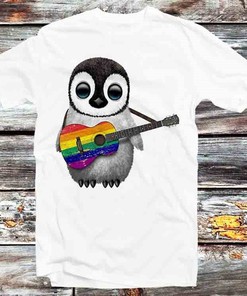 Gay Penguin Rainbow Guitar Unisex Anime T-Shirt - LGBT Pride Supporter and Animal Lover Gift