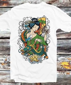 Geisha Tokyo Japan Art Dragon Flowers T-Shirt - Vintage Retro Anime Style Tee