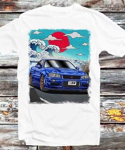 Great Wave Off Kanagawa Skyline GTR R34 T-Shirt - Retro Style Tee for Fans of Cars and Anime