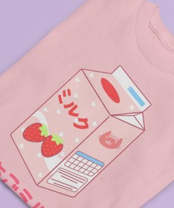Harajuku Aesthetic Tee - Japanese Strawberry Milk T-shirt with Bonus Gift for Anime Lovers